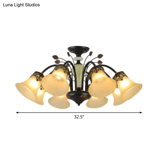 Frosted Glass Morning Glory Chandelier - Farmhouse Ceiling Pendant (3/6/8 Lights) In Black/White