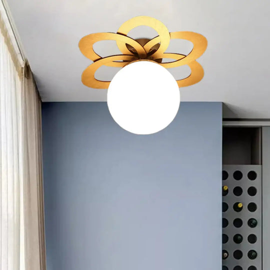 Frosted Glass Orb Ceiling Light With Modern Gold Flower Canopy White
