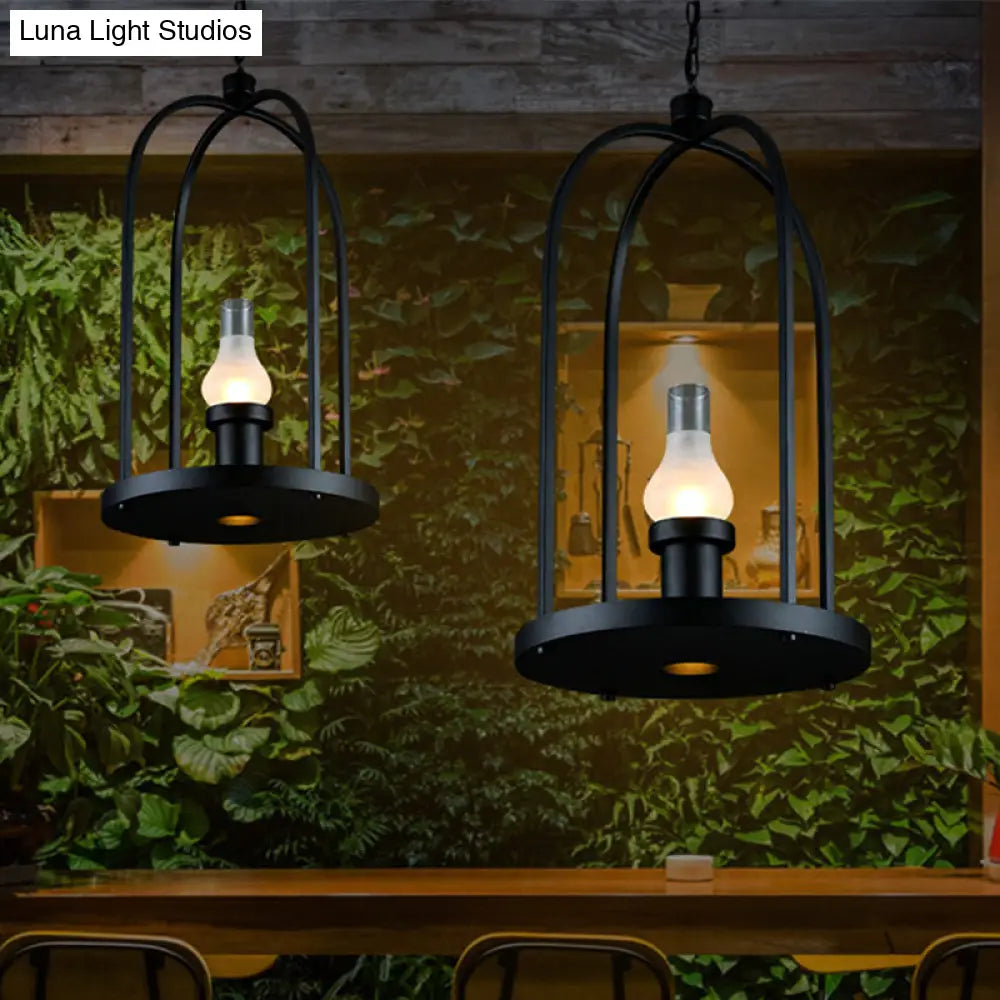 Frosted Glass Pendant Lamp With Bulb-Shaped Design & Black Birdcage Frame - Perfect For Country