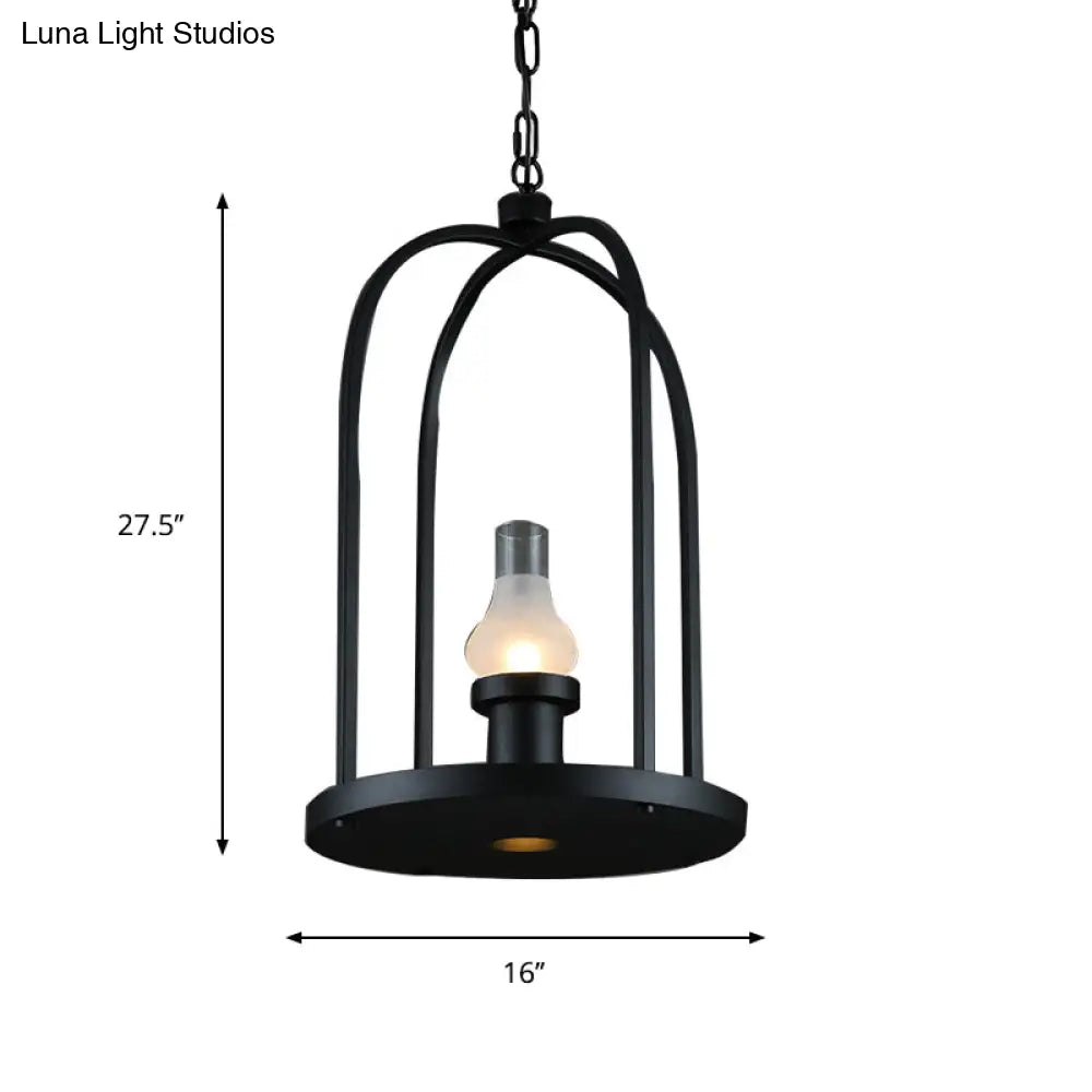 Frosted Glass Pendant Lamp With Bulb-Shaped Design & Black Birdcage Frame - Perfect For Country