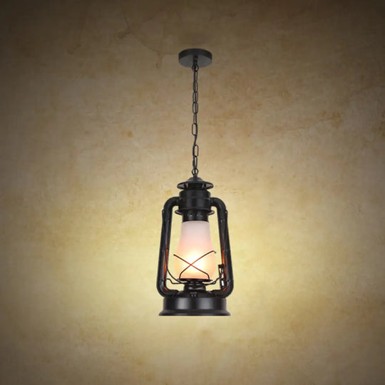 Frosted Glass Pendant Light Fixture: Kerosene 1-Light Warehouse Ceiling Lamp For Restaurants Black
