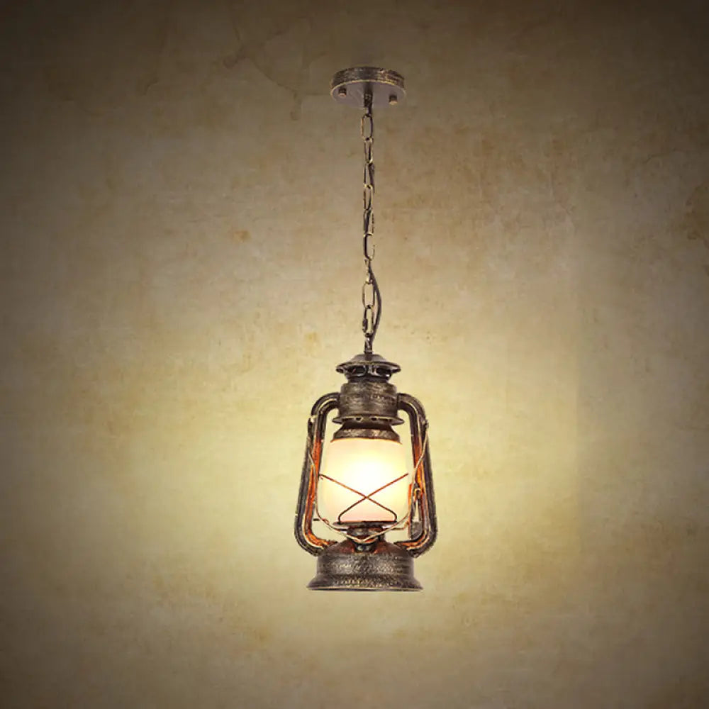 Frosted Glass Pendant Light Fixture: Kerosene 1-Light Warehouse Ceiling Lamp For Restaurants Brass