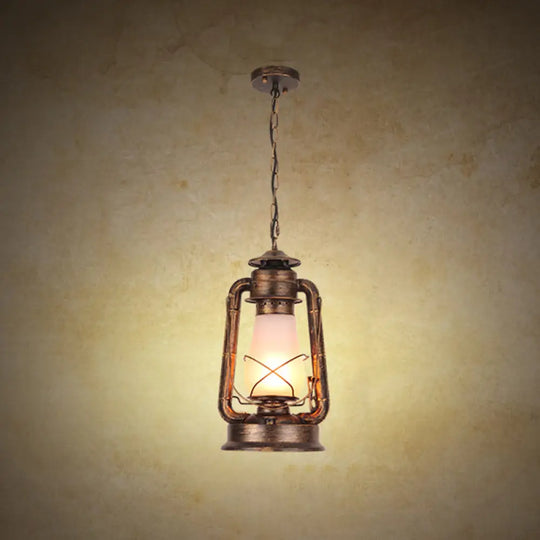 Frosted Glass Pendant Light Fixture: Kerosene 1-Light Warehouse Ceiling Lamp For Restaurants Brass