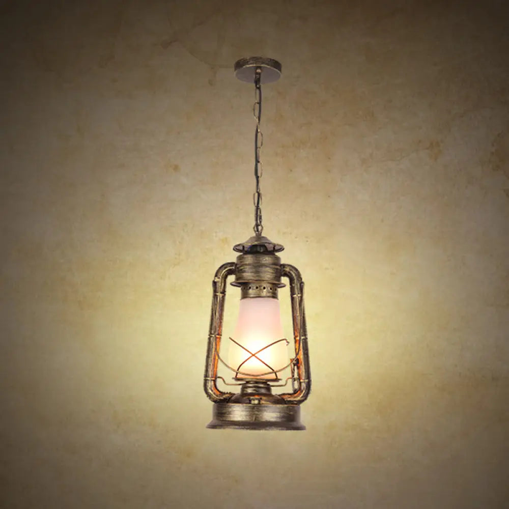 Frosted Glass Pendant Light Fixture: Kerosene 1-Light Warehouse Ceiling Lamp For Restaurants Bronze