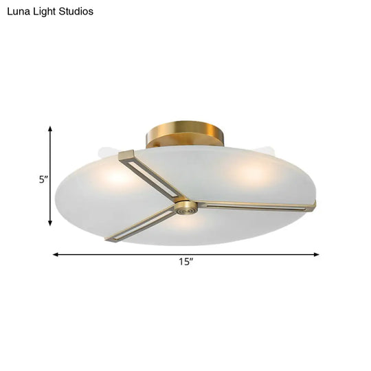 Frosted Glass Semi Flush Chandelier - Retro Plate Design With Brass Band (3 Bulbs)