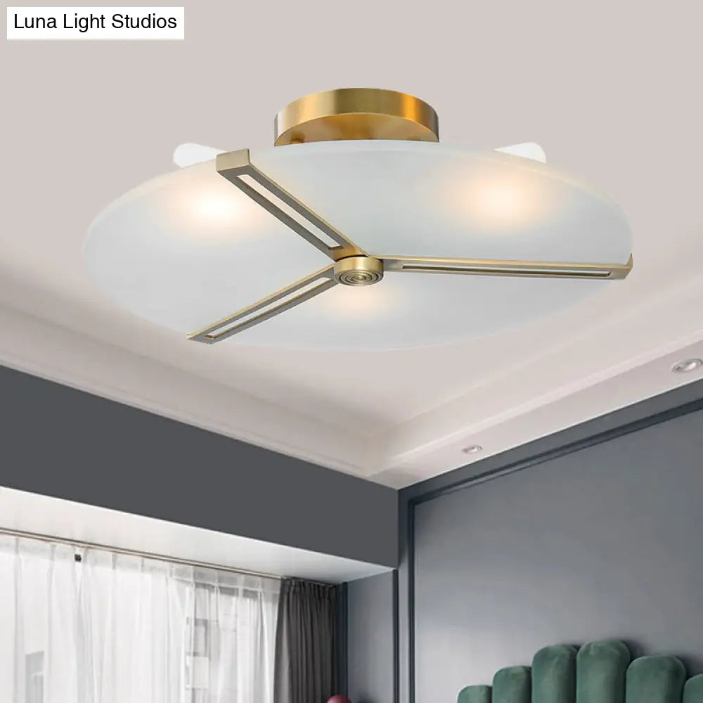 Frosted Glass Semi Flush Chandelier - Retro Plate Design With Brass Band (3 Bulbs)