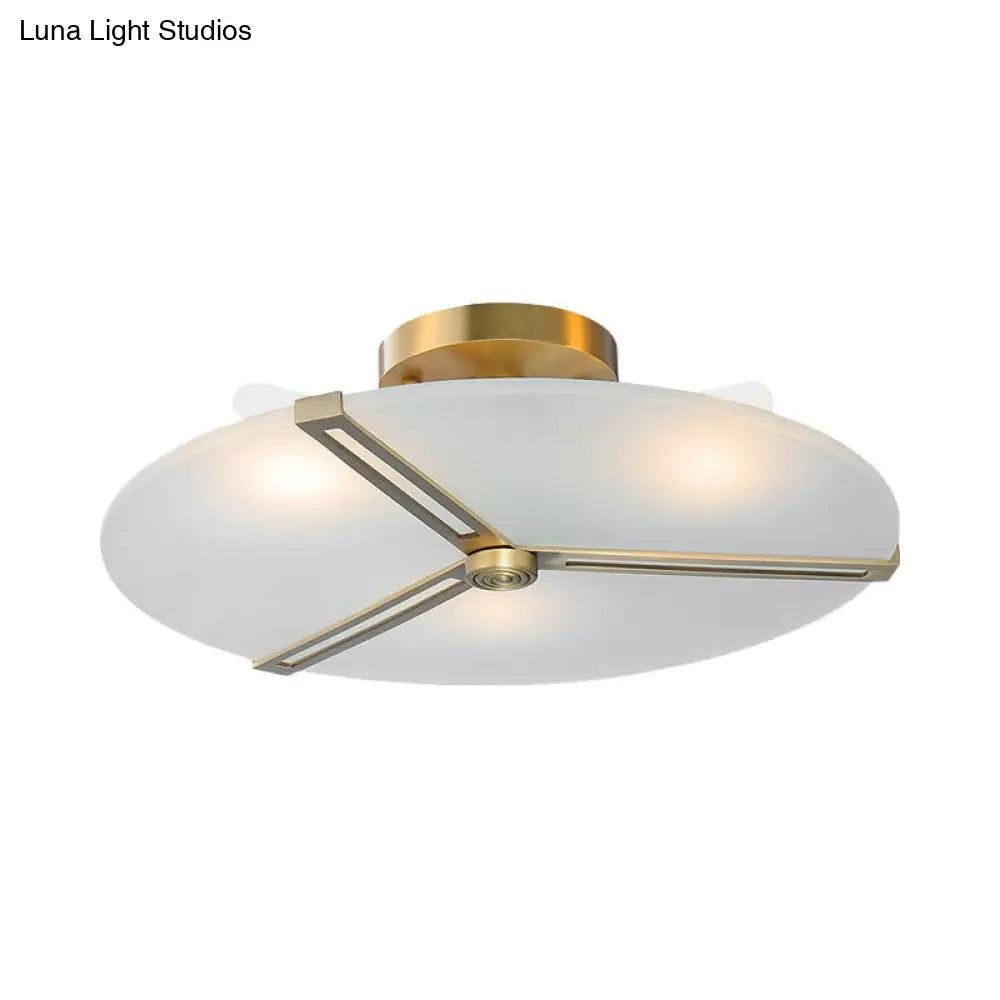 Frosted Glass Semi Flush Chandelier - Retro Plate Design With Brass Band (3 Bulbs)