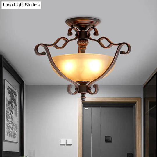 Rustic Led Bedroom Flush Mount Light In Frosted Glass Bowl Bronze Finish