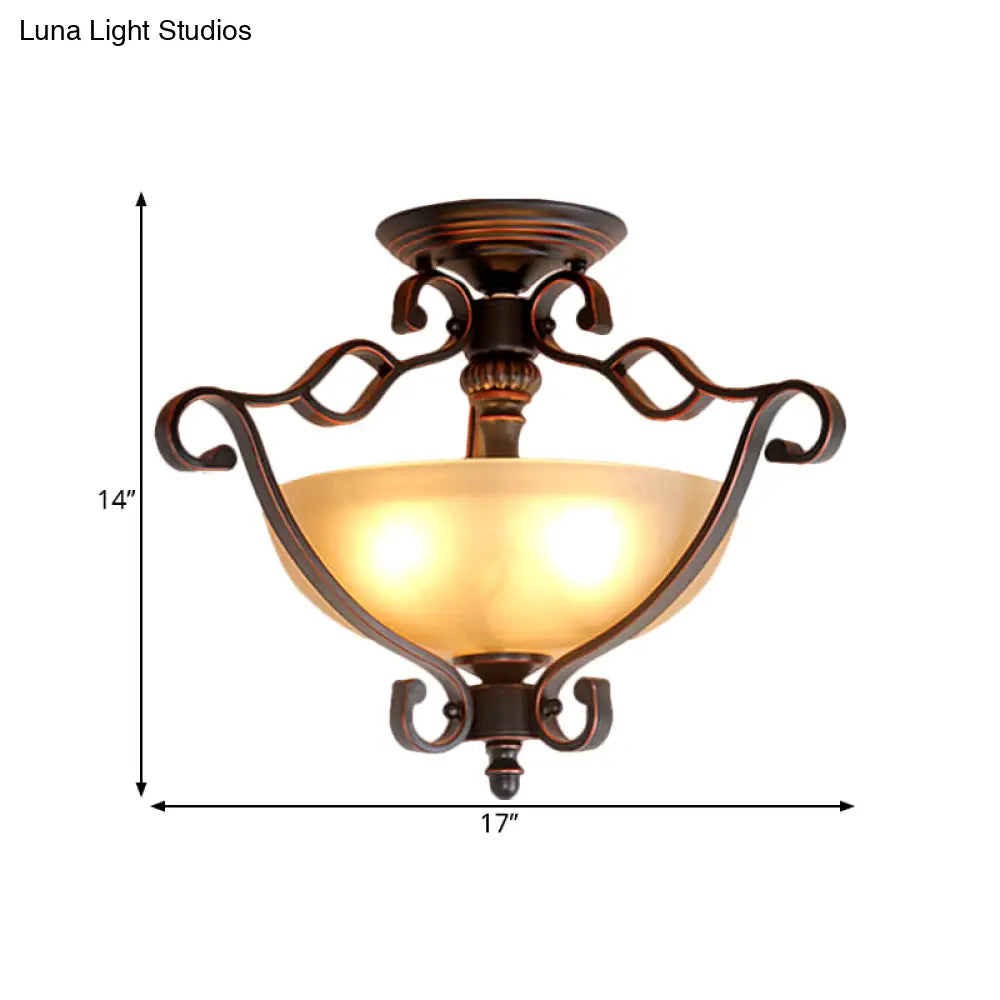 Rustic Led Bedroom Flush Mount Light In Frosted Glass Bowl Bronze Finish