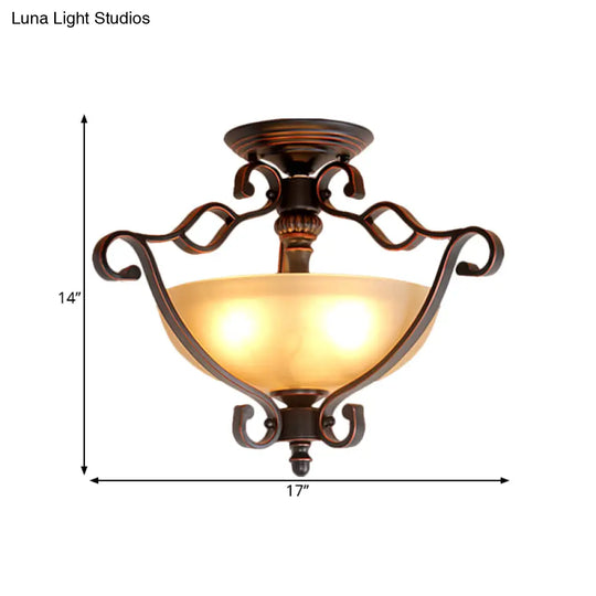 Rustic Led Bedroom Flush Mount Light In Frosted Glass Bowl Bronze Finish