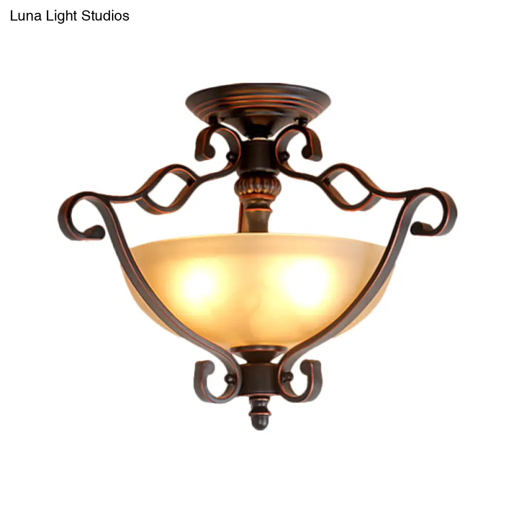 Frosted Glass Rustic Semi Flush Led Bedroom Light In Bronze