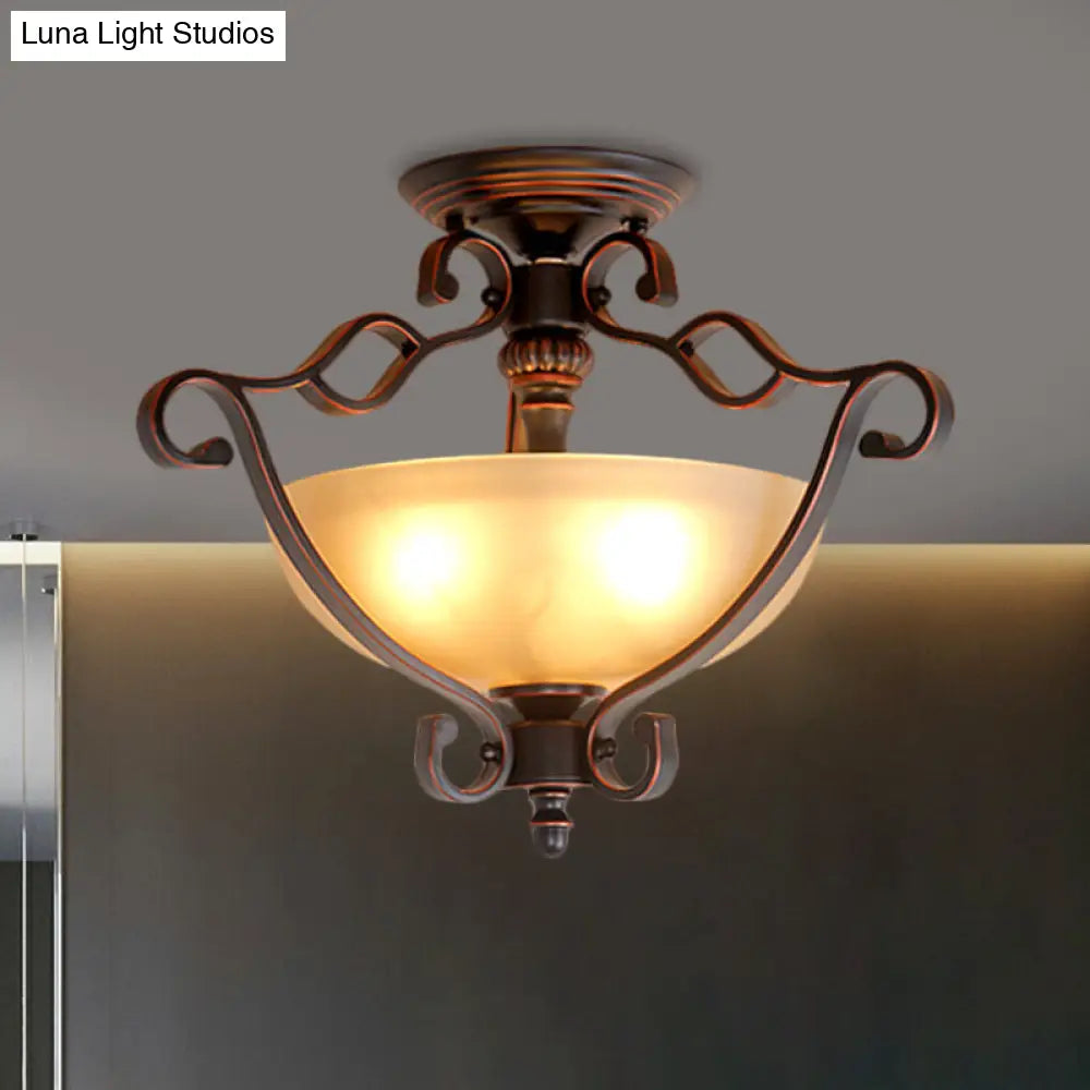 Rustic Led Bedroom Flush Mount Light In Frosted Glass Bowl Bronze Finish