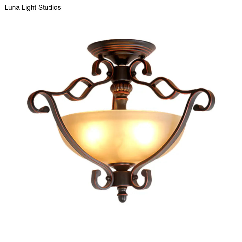 Rustic Led Bedroom Flush Mount Light In Frosted Glass Bowl Bronze Finish