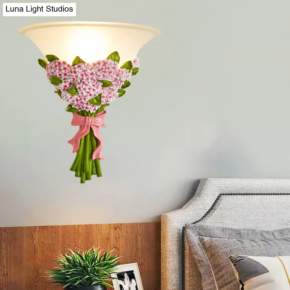 Frosted Glass Sconce Light - Modern White Wall Lamp With Gypsophila Bouquet Element