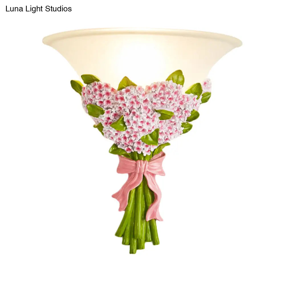 Frosted Glass Sconce Light - Modern White Wall Lamp With Gypsophila Bouquet Element