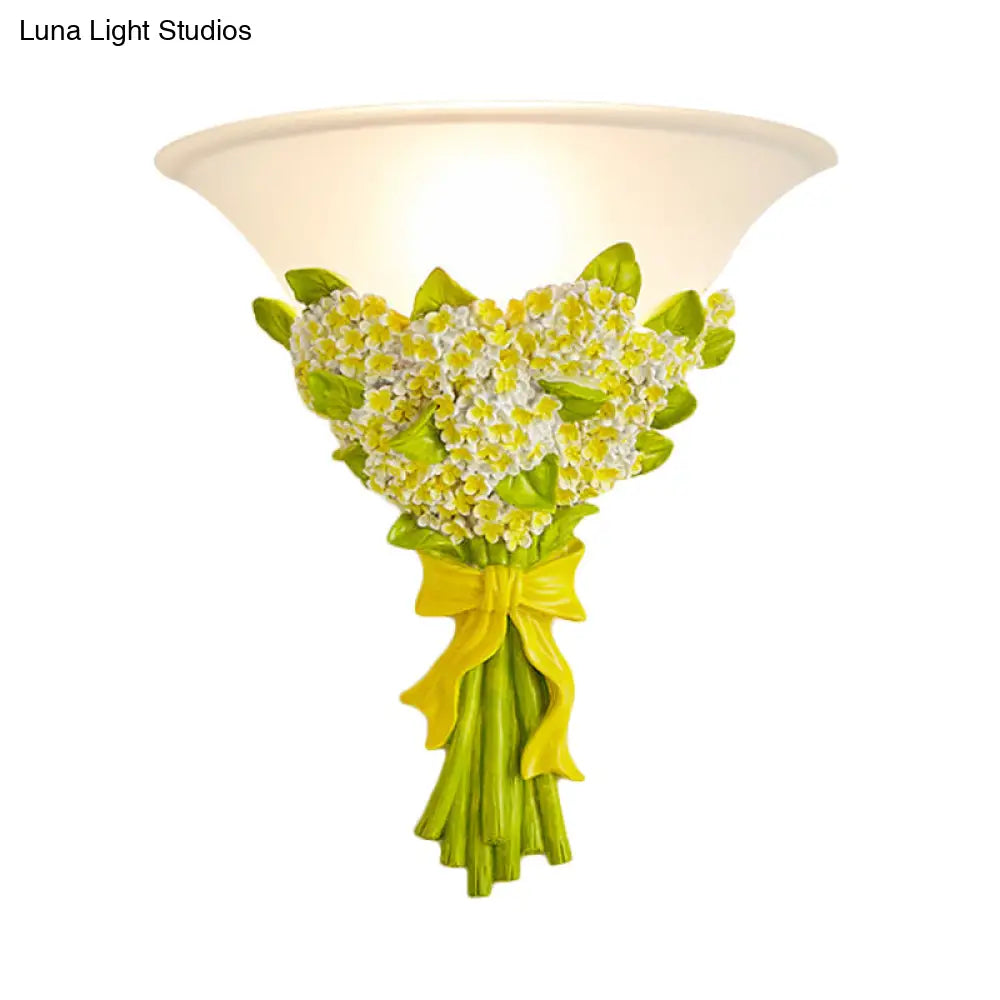 Frosted Glass Sconce Light - Modern White Wall Lamp With Gypsophila Bouquet Element