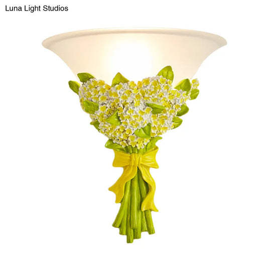 Frosted Glass Sconce Light - Modern White Wall Lamp With Gypsophila Bouquet Element