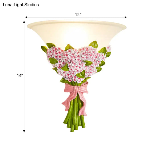 Frosted Glass Sconce Light - Modern White Wall Lamp With Gypsophila Bouquet Element