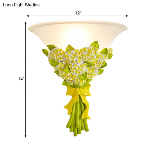 Frosted Glass Sconce Light - Modern White Wall Lamp With Gypsophila Bouquet Element