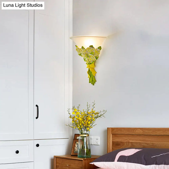 Frosted Glass Sconce Light - Modern White Wall Lamp With Gypsophila Bouquet Element