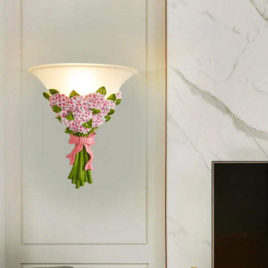 Frosted Glass Sconce Light - Modern White Wall Lamp With Gypsophila Bouquet Element Pink