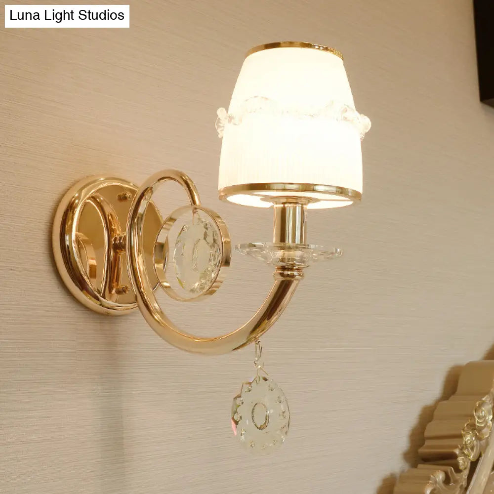 Frosted Glass Sconce With Crystal Drop: Gold Barrel Wall Mounted Light For Traditional Living Rooms