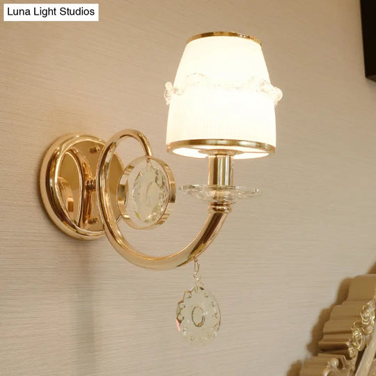 Frosted Glass Sconce With Crystal Drop: Gold Barrel Wall Mounted Light For Traditional Living Rooms