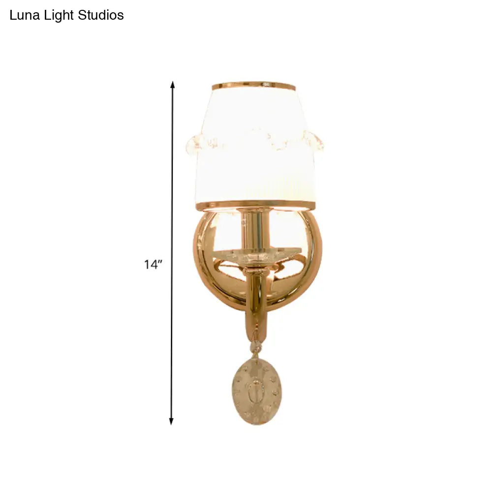 Frosted Glass Sconce With Crystal Drop: Gold Barrel Wall Mounted Light For Traditional Living Rooms