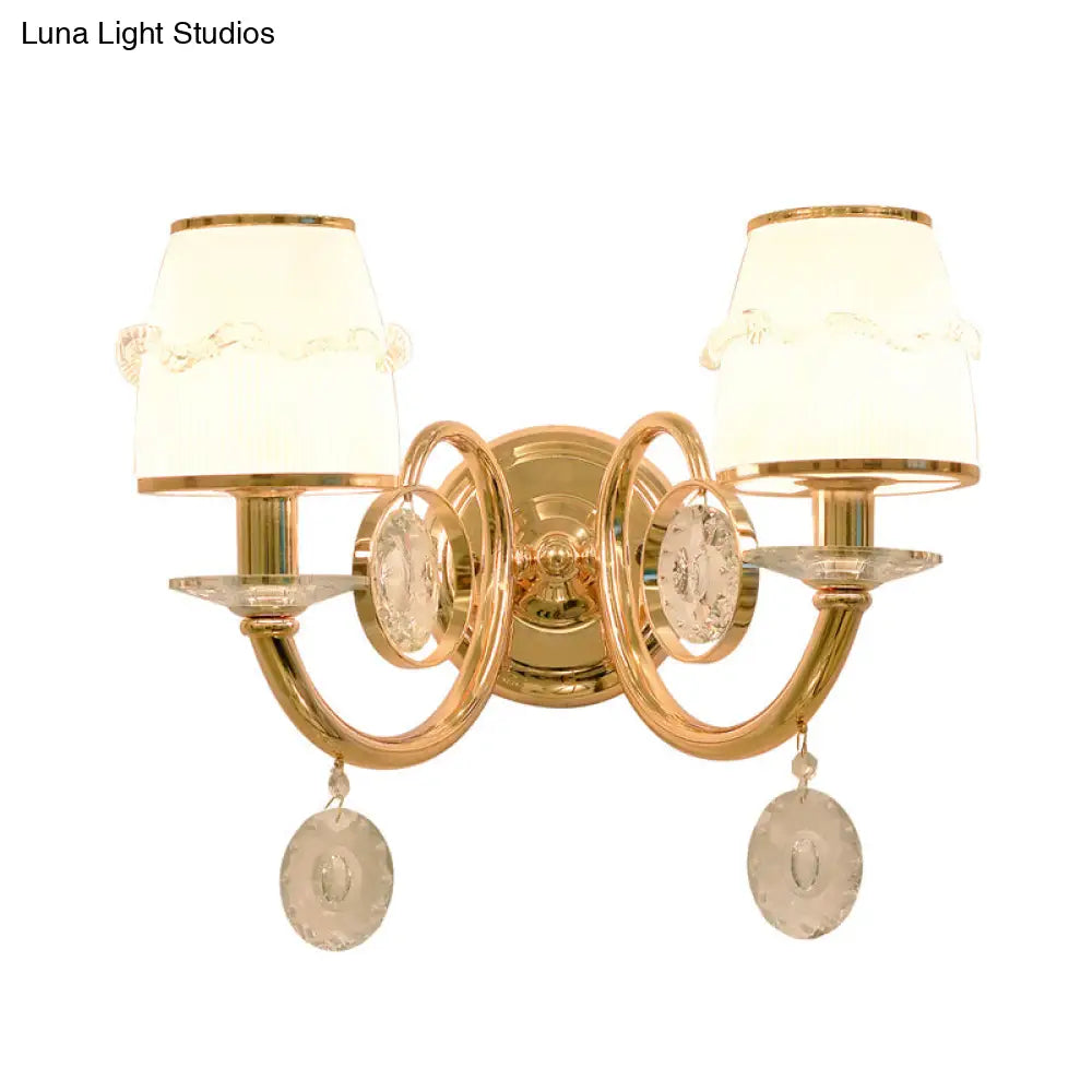 Frosted Glass Sconce With Crystal Drop: Gold Barrel Wall Mounted Light For Traditional Living Rooms