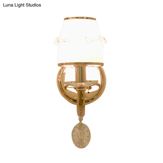 Frosted Glass Sconce With Crystal Drop: Gold Barrel Wall Mounted Light For Traditional Living Rooms