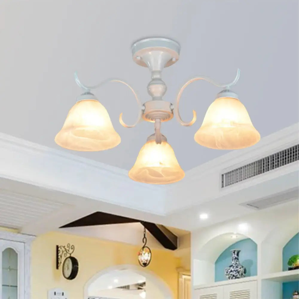 Frosted Glass Semi Flush Bedroom Ceiling Light In White - Traditional Bell Design 3/5/6 Lights