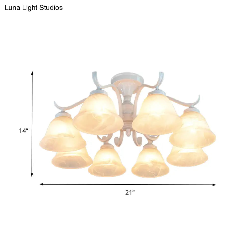 Frosted Glass Semi Flush Bedroom Ceiling Light In White - Traditional Bell Design 3/5/6 Lights