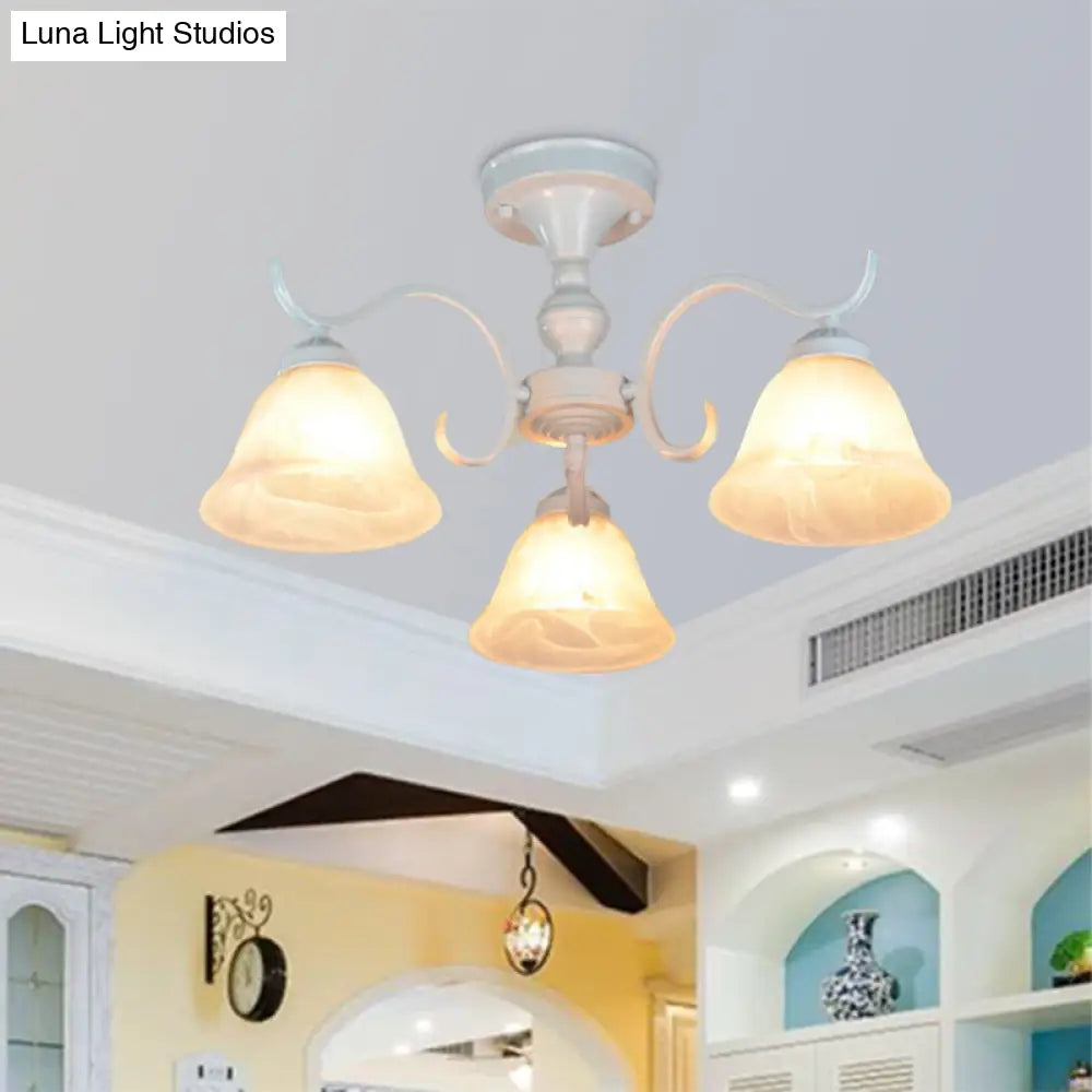 Frosted Glass Semi Flush Bedroom Ceiling Light In White - Traditional Bell Design 3/5/6 Lights