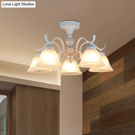 Frosted Glass Semi Flush Bedroom Ceiling Light In White - Traditional Bell Design 3/5/6 Lights