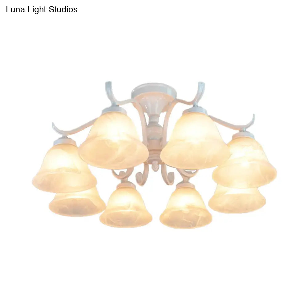 Frosted Glass Semi Flush Bedroom Ceiling Light In White - Traditional Bell Design 3/5/6 Lights