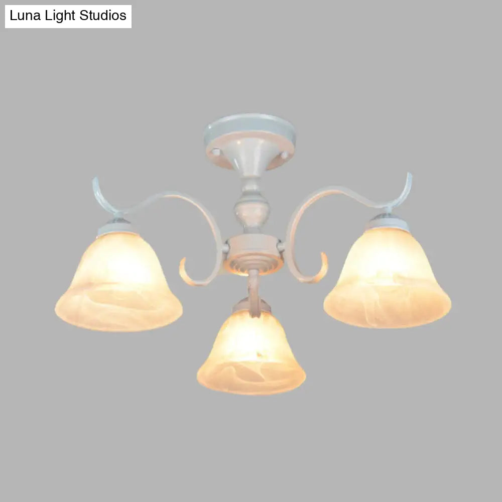 Frosted Glass Semi Flush Bedroom Ceiling Light In White - Traditional Bell Design 3/5/6 Lights