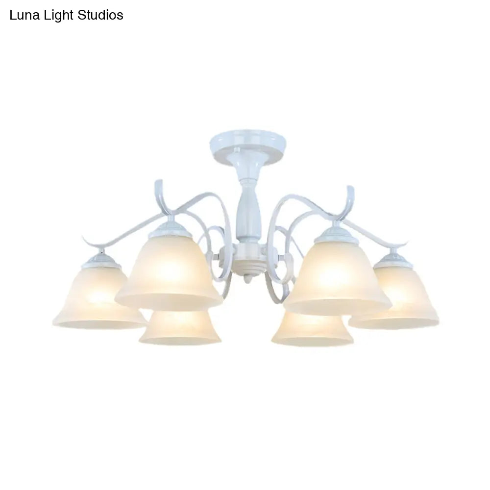 Frosted Glass Semi Flush Bedroom Ceiling Light In White - Traditional Bell Design 3/5/6 Lights