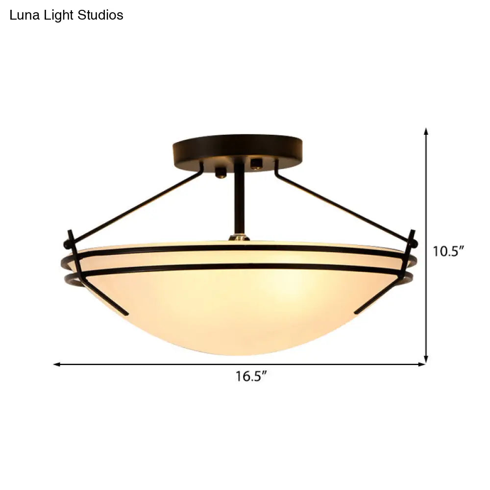 Frosted Glass Semi Flush Ceiling Light Fixture - Traditional 3-Light Bowl Design In Black