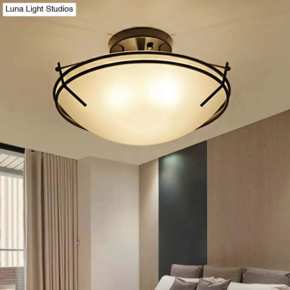 Frosted Glass Semi Flush Ceiling Light Fixture - Traditional 3-Light Bowl Design In Black