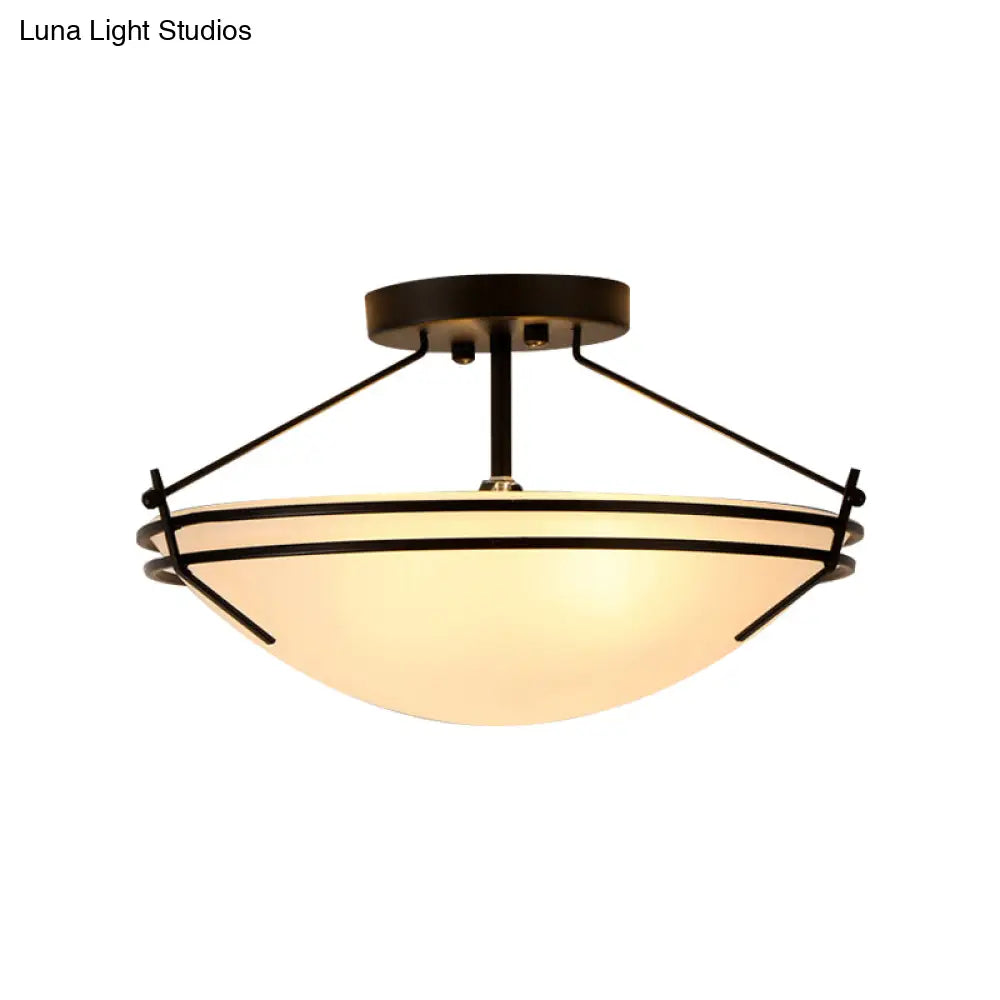 Frosted Glass Semi Flush Ceiling Light Fixture - Traditional 3-Light Bowl Design In Black