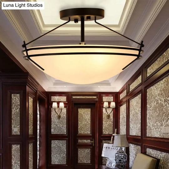 Frosted Glass Semi Flush Ceiling Light Fixture - Traditional 3-Light Bowl Design In Black