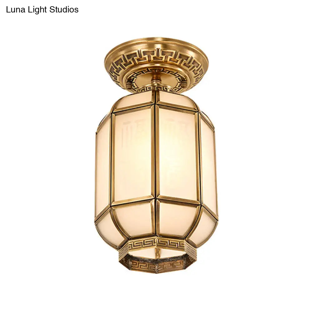 Frosted Glass Semi Flush Mount Lantern: Classic Brass Ceiling Fixture With 1 Light Ideal For