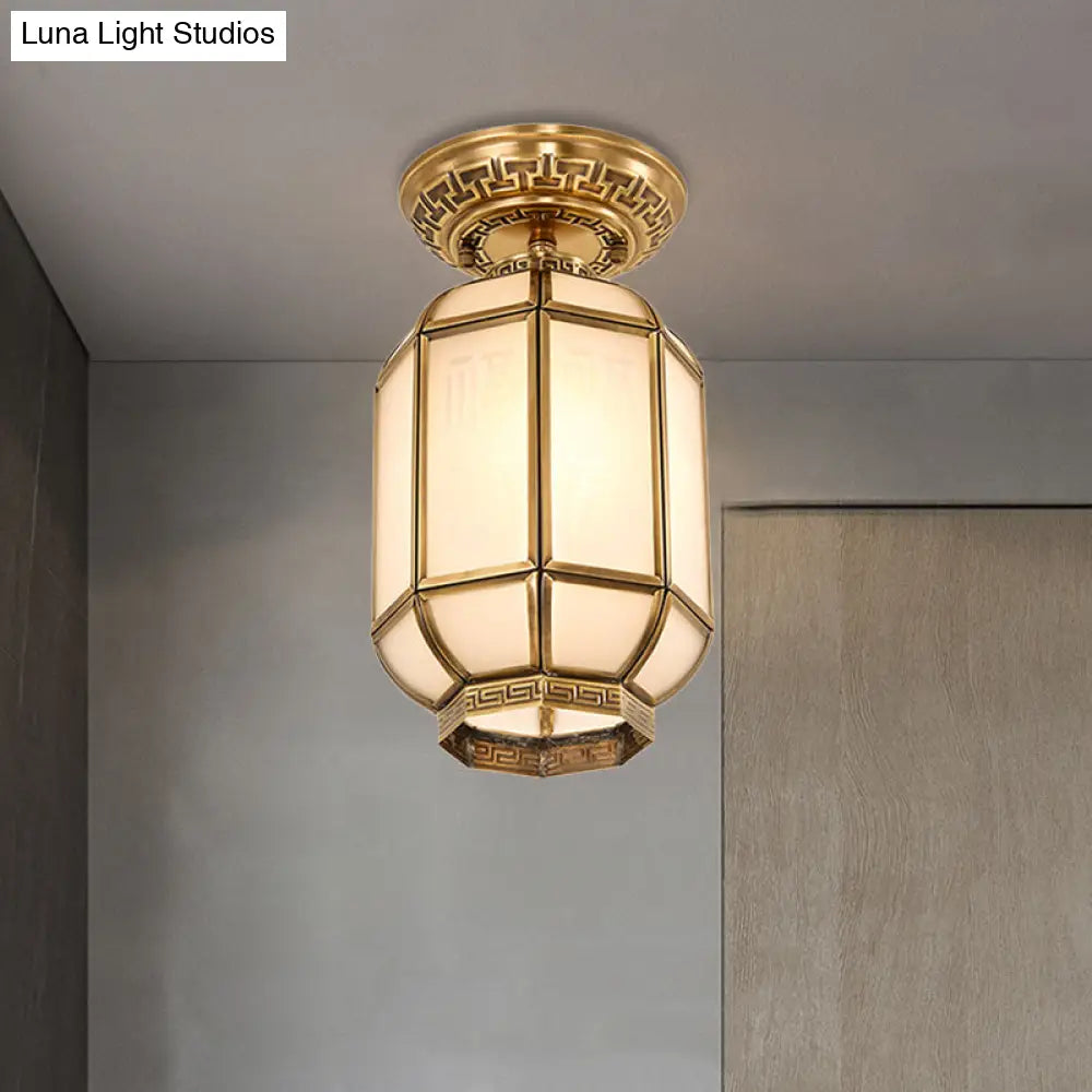 Frosted Glass Semi Flush Mount Lantern Lighting - Classic Brass 1 - Light Fixture For Corridors