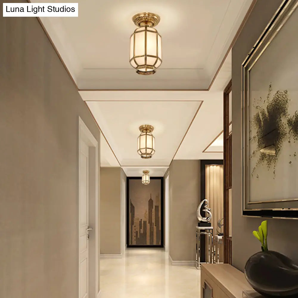 Frosted Glass Semi Flush Mount Lantern Lighting - Classic Brass 1 - Light Fixture For Corridors