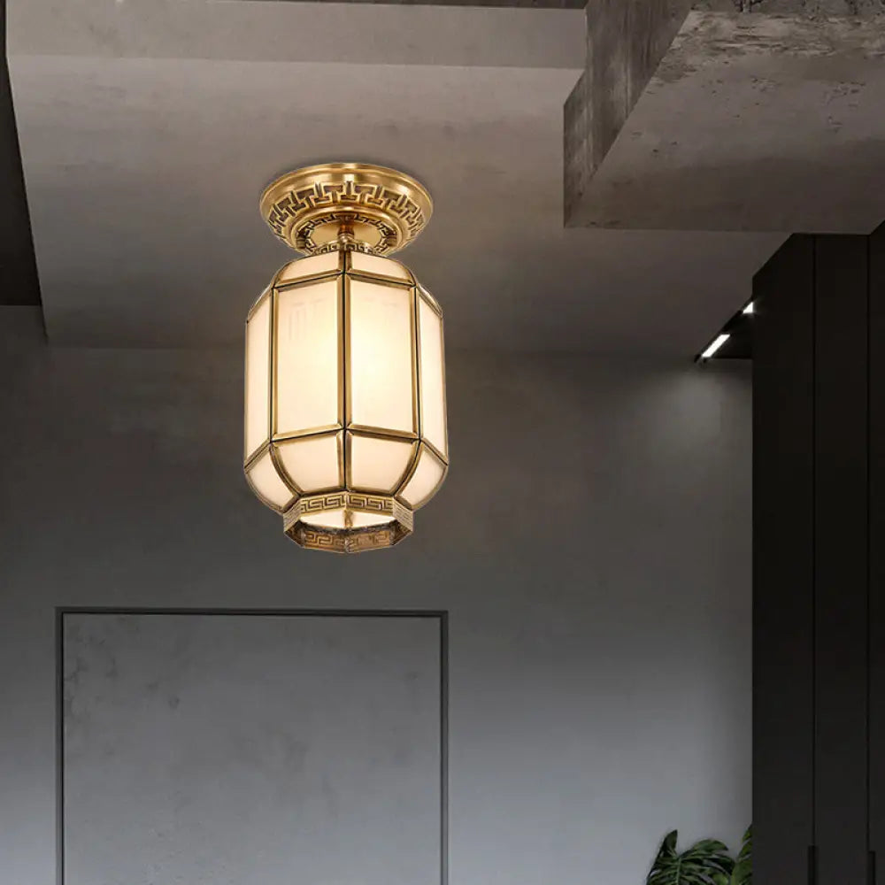 Frosted Glass Semi Flush Mount Lantern Lighting - Classic Brass 1 - Light Fixture For Corridors