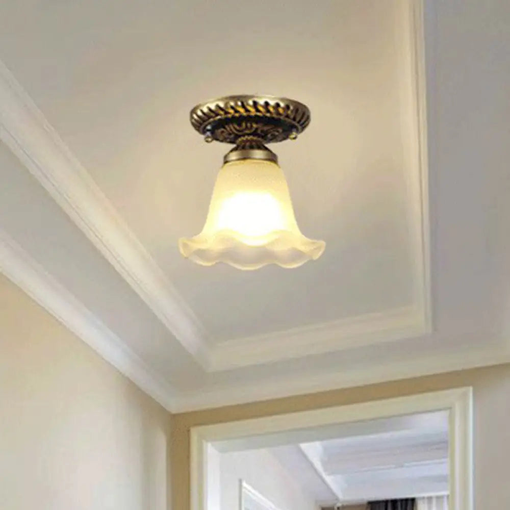 Frosted Glass Semi Flush Mount Vintage Bronze Bell Ceiling Light / A