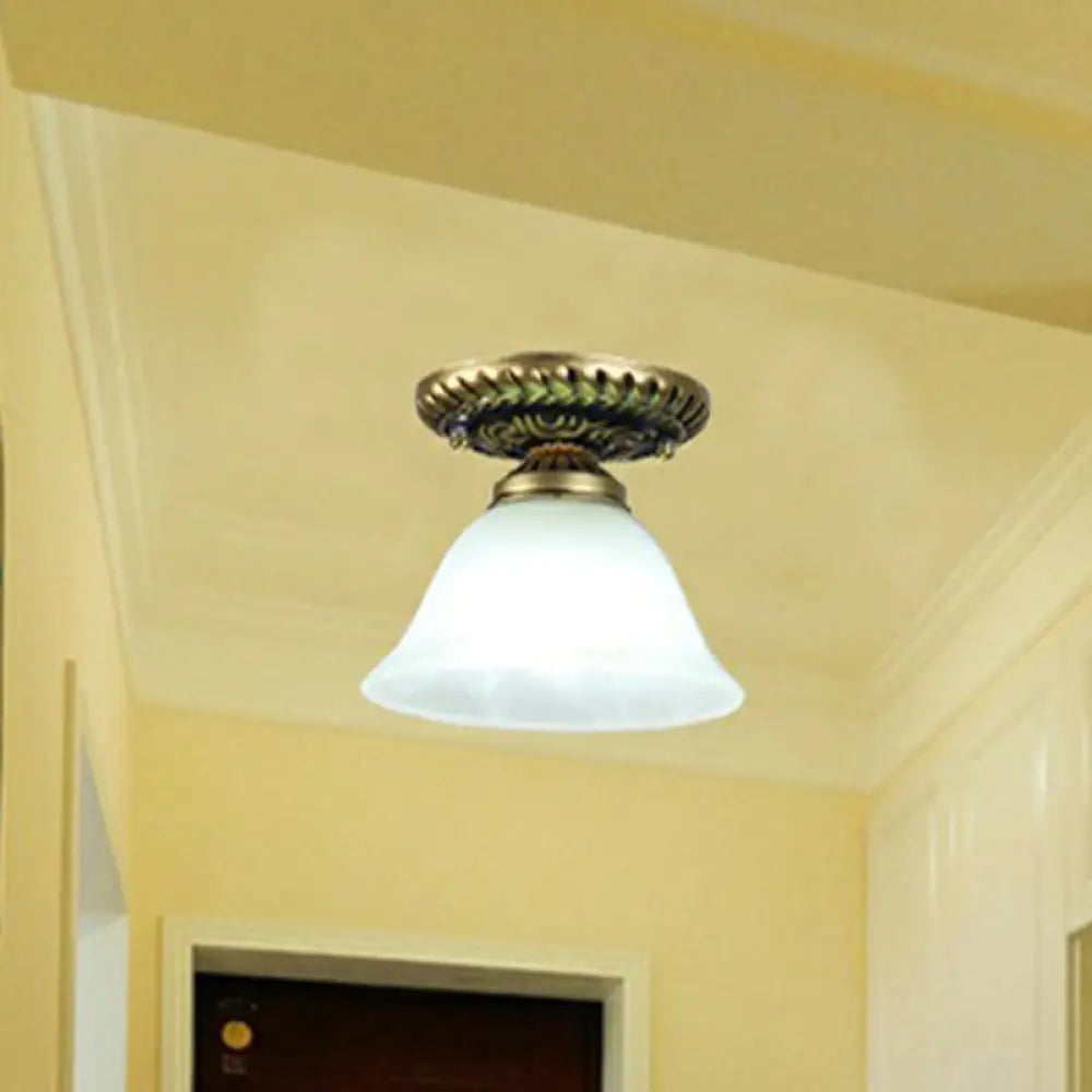 Frosted Glass Semi Flush Mount Vintage Bronze Bell Ceiling Light / D