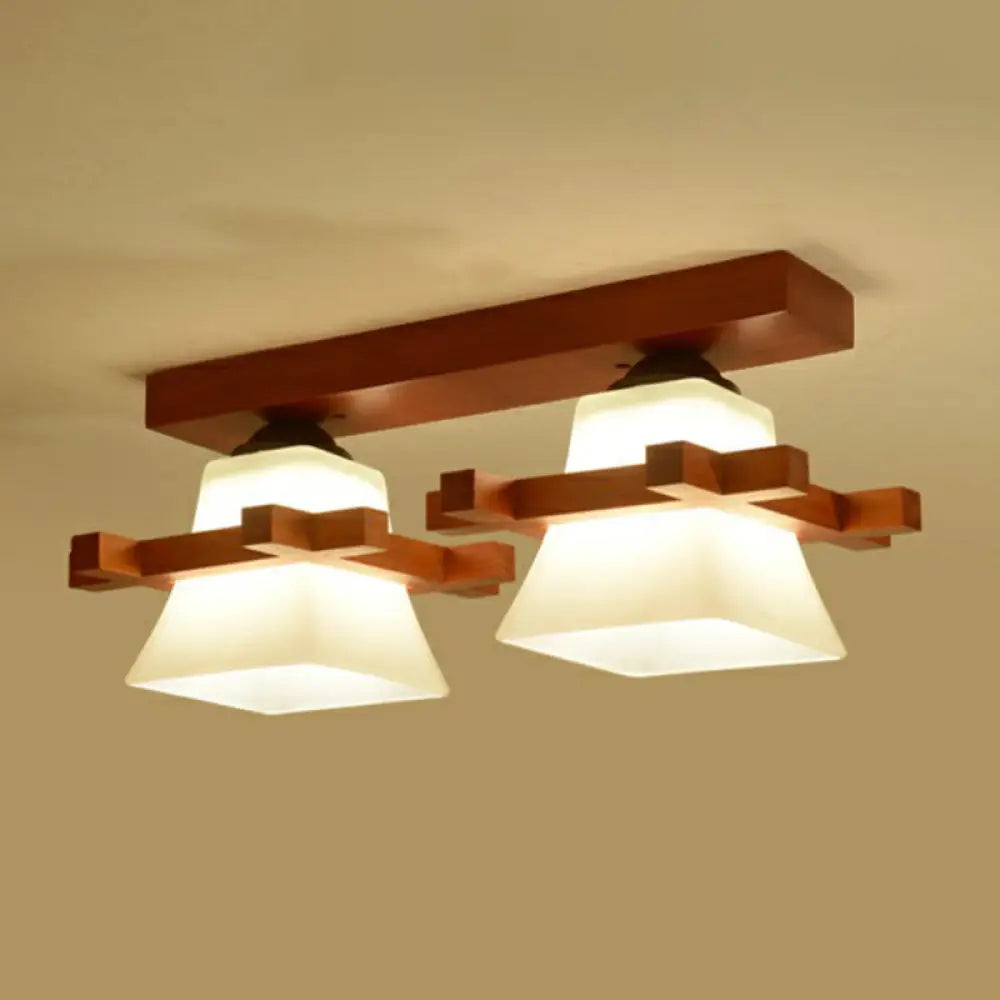 Frosted Glass Semi - Mounted Flush Ceiling Light With Nordic Coffee Finish And Wooden Frame -