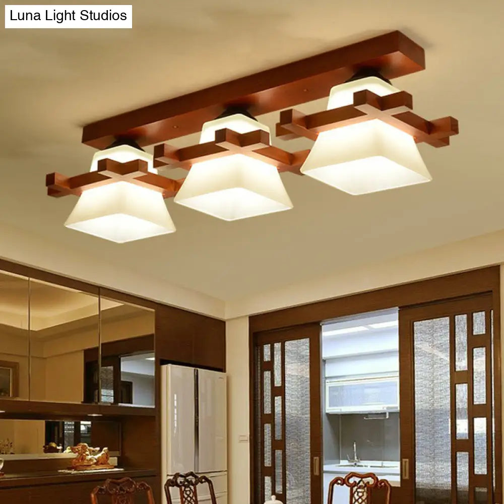 Frosted Glass Semi - Mounted Flush Ceiling Light With Nordic Coffee Finish And Wooden Frame -