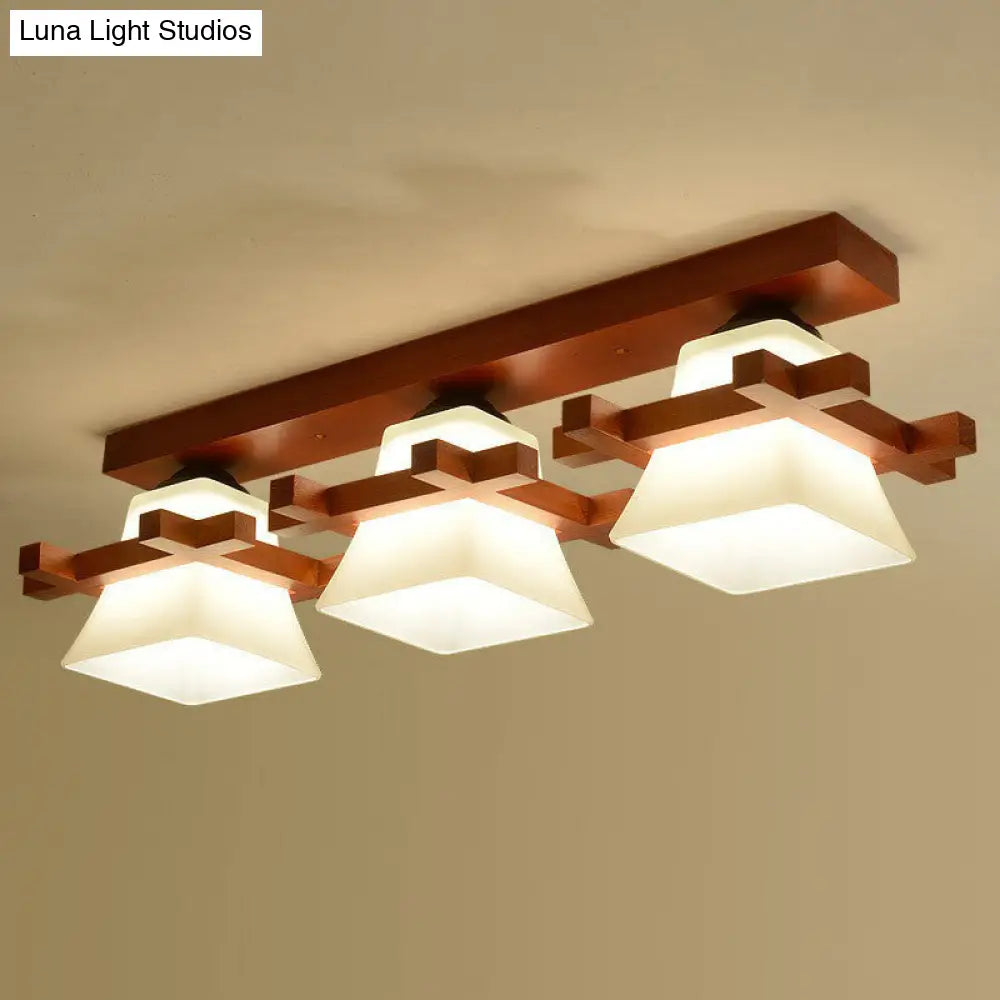 Frosted Glass Semi-Mounted Flush Ceiling Light With Nordic Coffee Finish And Wooden Frame - Pagoda